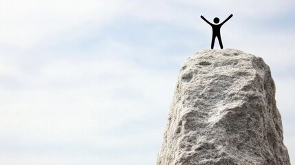A small figure triumphantly stands atop a large rock, symbolizing achievement and reaching new heights against a blue sky.