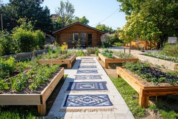 Fototapeta premium Community involvement in indigenous textile art at a shared garden space urban environment nature photography vibrant community engagement