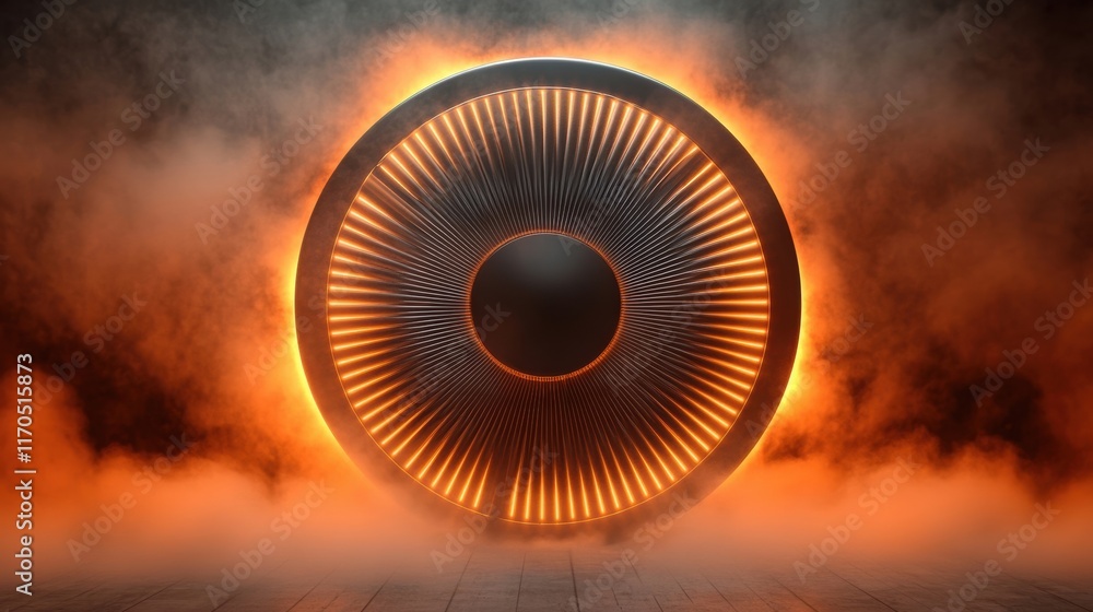 Poster futuristic circular design with glowing edges, surrounded by mist, creating an intriguing atmosphere