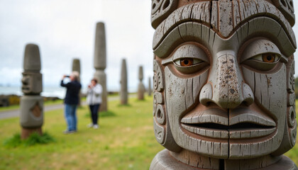 Intricate Maori carvings on poles at Waitangi, cultural heritage exploration