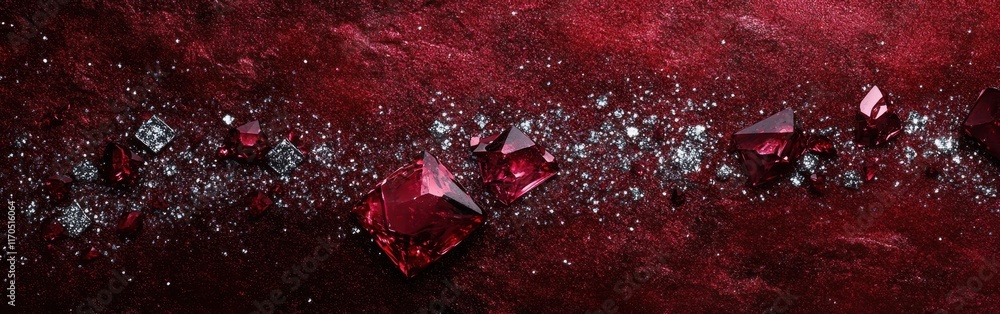 Poster bold ruby red gems with soft silver sparkles creating a stunning display on a textured surface