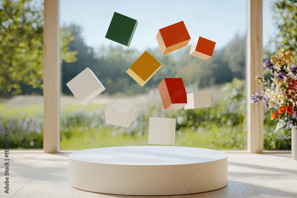 Poster colorful cubes in motion above a simple display in a bright natural environment