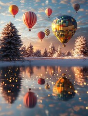Fototapeta premium colorful hot air balloons filling the sky during a vibrant festival, with reflections shimmering on a calm lake at sunrise