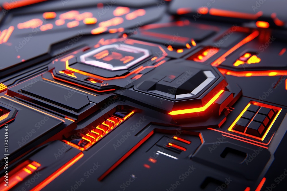 Poster futuristic abstract technology background with neon orange and black elements and patterns