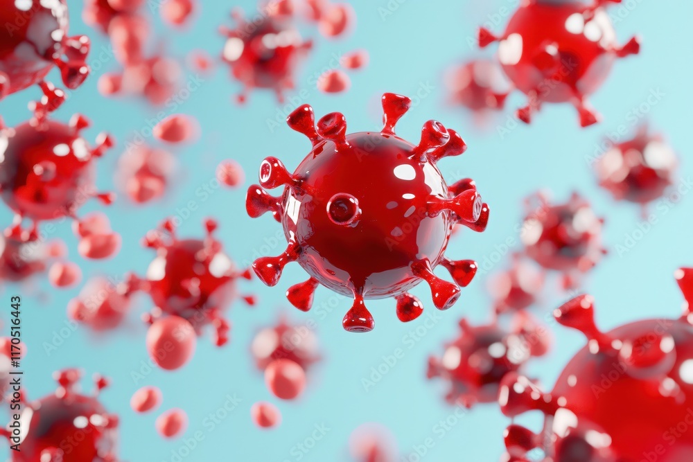 Poster red virus particles floating in space with soft blue background for scientific illustrations