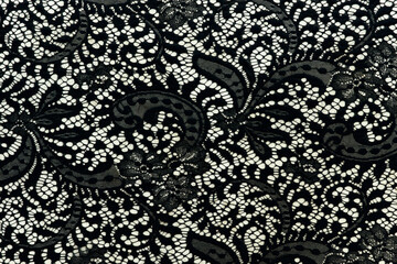 Openwork black fabric. Textured background of openwork lace black fabric for sewing clothes and design.