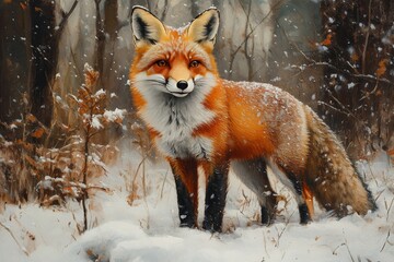 Fototapeta premium A vibrant red fox standing in a snowy forest. Generative AI