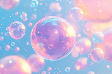 Colorful Soap Bubbles and Sparkling Stars in a Fantasy Sky Background