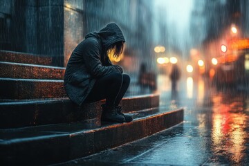 Lonely homeless woman sitting on steps in rainy urban street feeling isolated and sad in cold autumn winter atmosphere