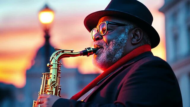 A soulful saxophonist plays during sunset, creating a mesmerizing urban atmosphere.