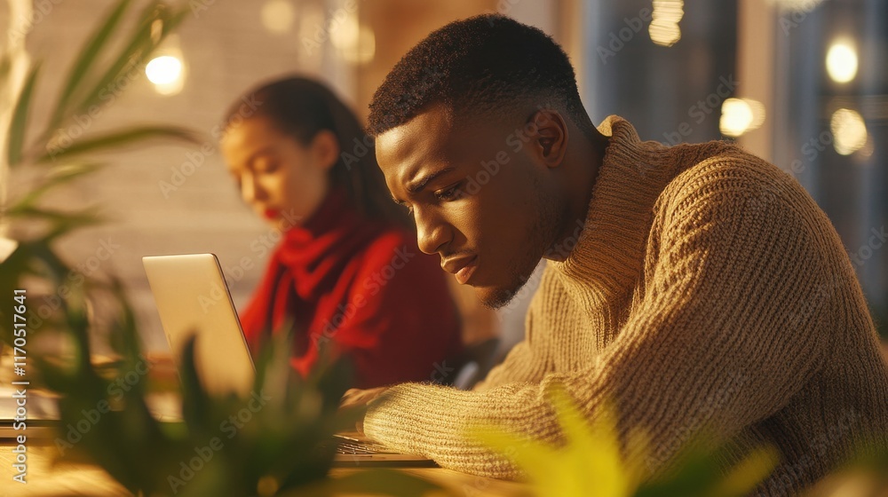 Aufkleber young man with buzz cut working intently on laptop in cozy indoor setting during evening hours