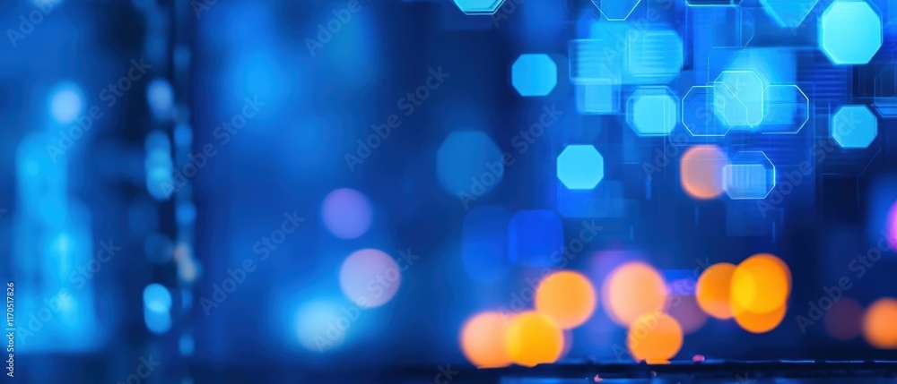 Poster abstract blue background with glowing hexagons and bokeh lights, perfect for technology and digital 