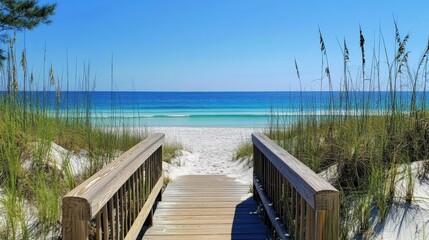 Serene Beach Pathway: Wooden Bridge Leading to Turquoise Waters and White Sands