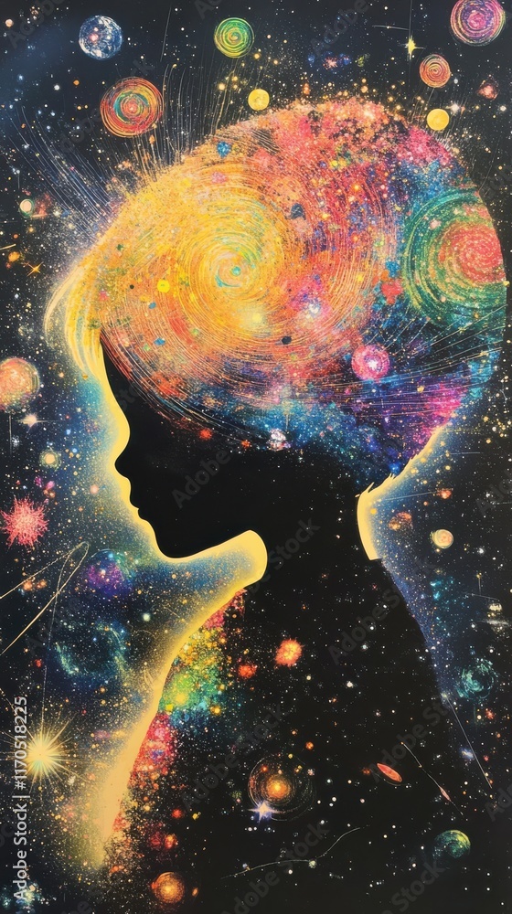 Poster vibrant visualization of a child's glowing silhouette filled with cosmic patterns and colors against