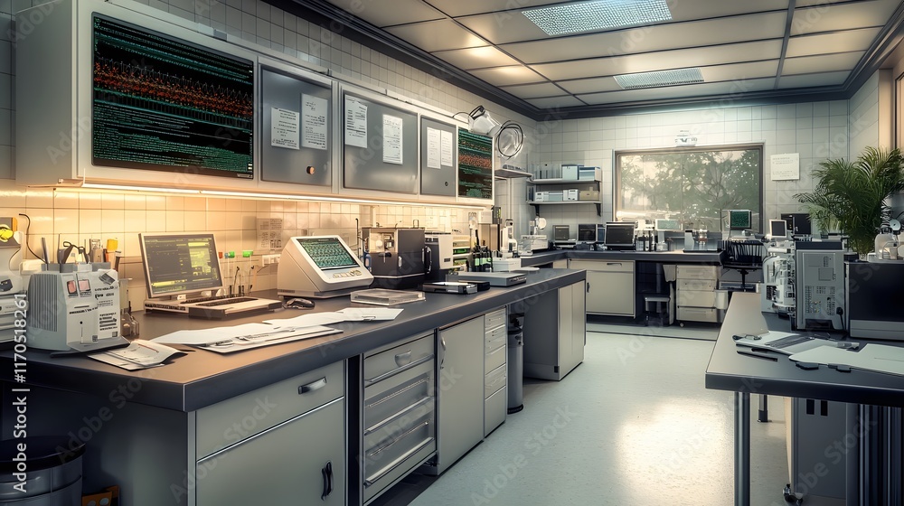 Poster sterile ai powered virus research laboratory with quantum computing processes genetic sequences in r