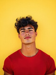Fototapeta premium Vibrant portrait of a young man against a yellow backdrop showcasing confidence and style in a casual setting