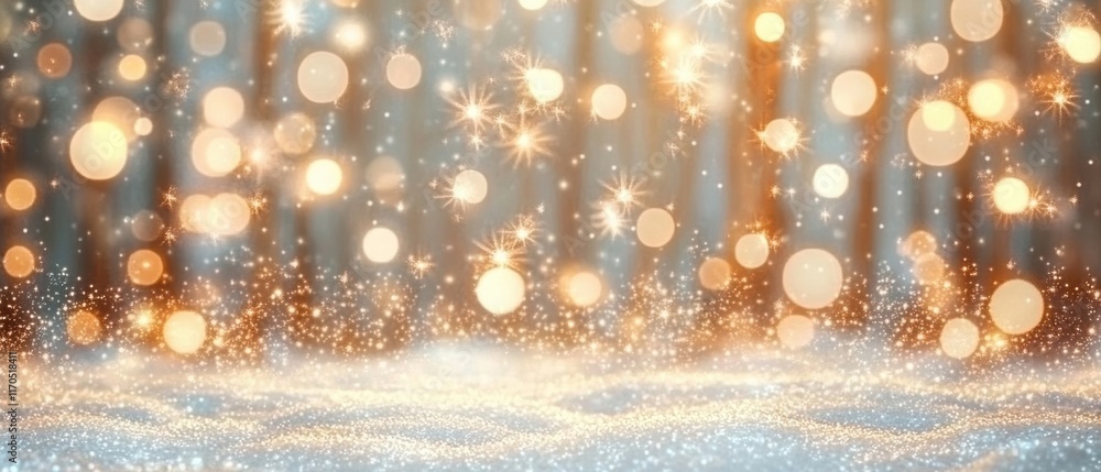 Poster a serene winter scene with sparkling lights and snowflakes, creating a magical and enchanting atmosp