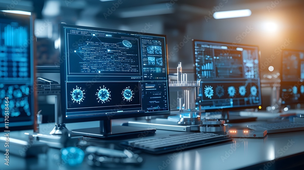Poster quantum algorithms displayed on screens analyzing virus mutations in a cutting edge high tech lab fi