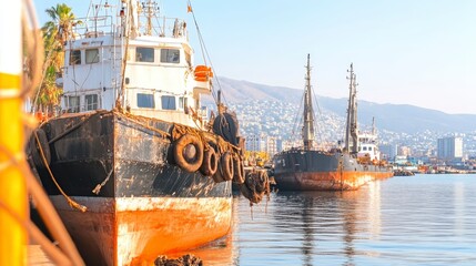 Fototapeta premium Rusty Cargo Ships Docked at Harbor Coastal City View Sunny Day