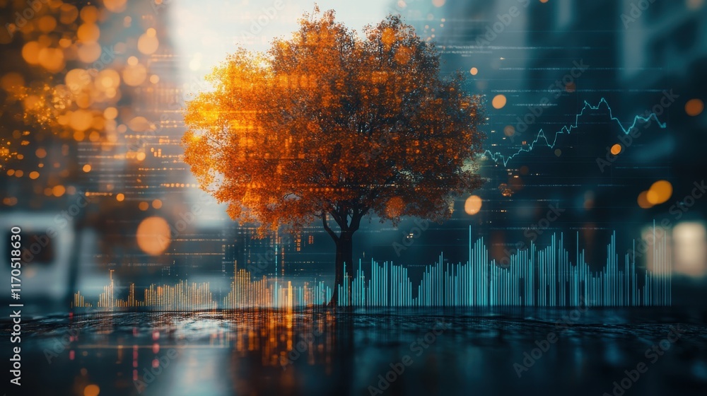 Poster Vibrant double exposure of a symbolic tree in an urban setting capturing the essence of nature and data dynamics