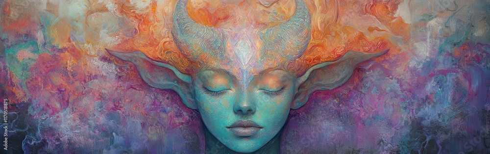 Poster vibrant portrayal of a woman's glowing face with ethereal features and colorful elements in a mystic