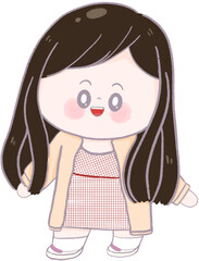 Hand drawn chibi of a long-haired girl in a red and white dress.