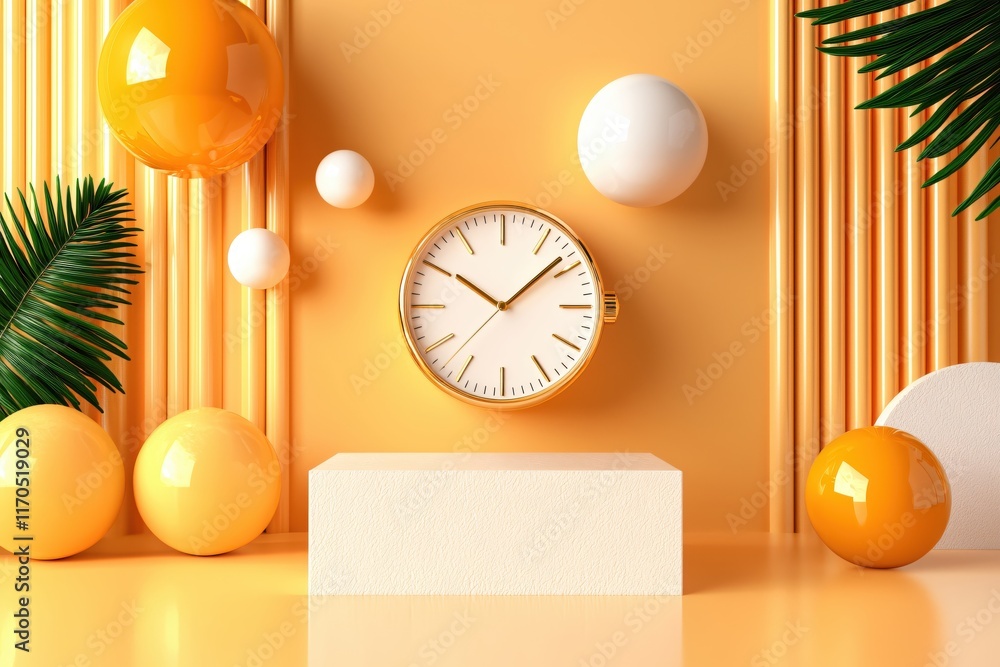 Poster bright and cheerful time with clock and decorative elements in orange and yellow background