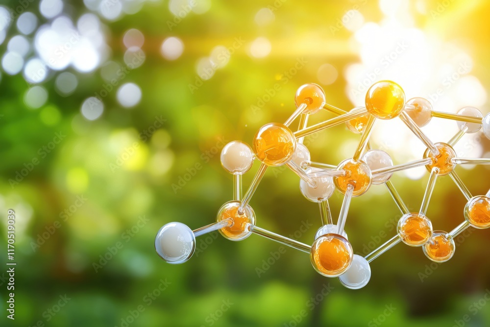 Poster molecular structure with bright oranges and whites against a nature background of greenery