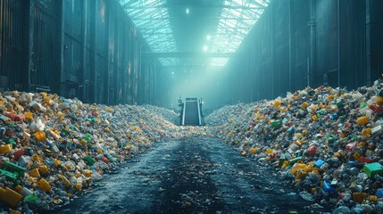A massive pile of plastic waste inside a recycling facility, highlighting the global plastic pollution crisis.