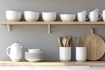 Fototapeta premium Modern Kitchen Shelf with Elegant White Dinnerware and Cooking Utensils in Minimalist Design