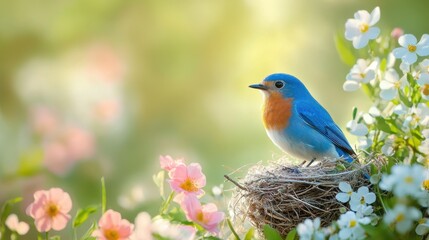 Bright bluebird perched on nest surrounded by blooming flowers in a sunny garden setting during springtime