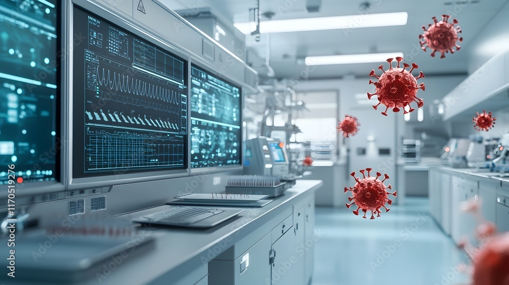 Poster quantum computing visualization of virus spread models in a futuristic research facility leaving cop