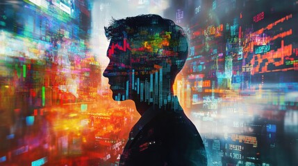 Traders figure overlaid with vibrant data visualizations and market trends in a digital landscape