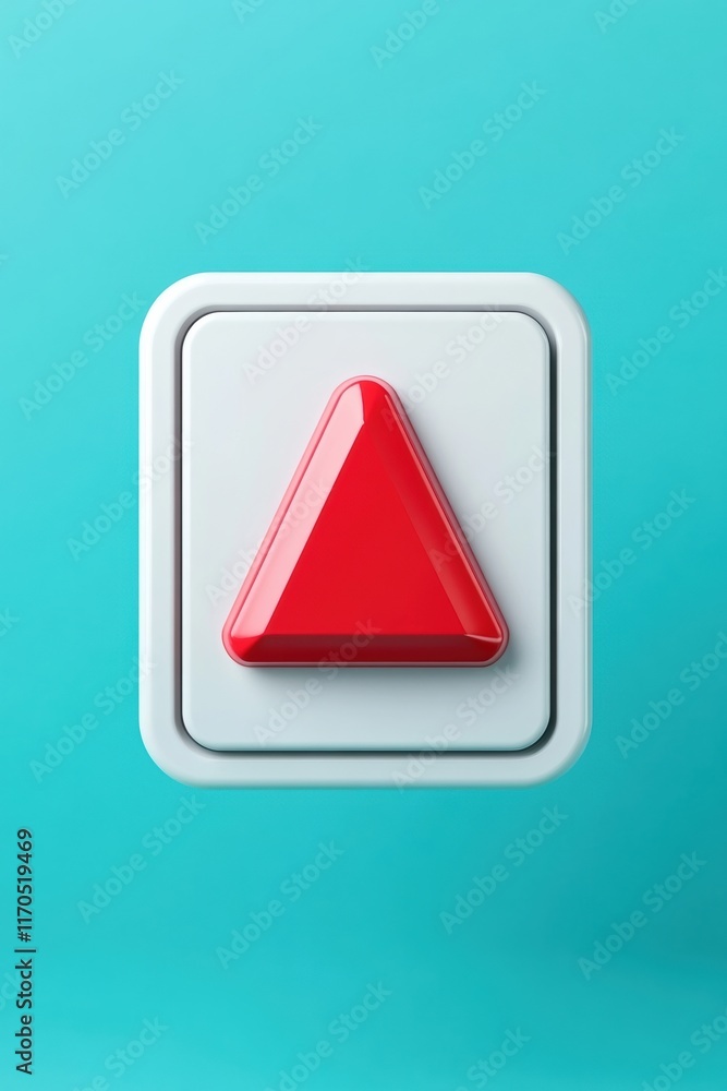 Poster a large red triangular button on a bright blue background, symbolizing action or a command in a mode