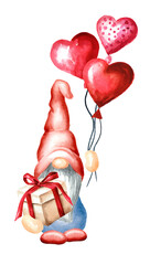 Valentine gnome with baloones hearts,. Watercolor hand painted illustration, isolated on white background