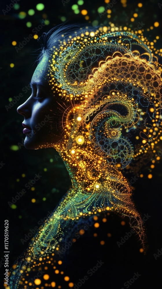 Poster Surreal representation of a glowing woman with intricate patterns and vibrant colors