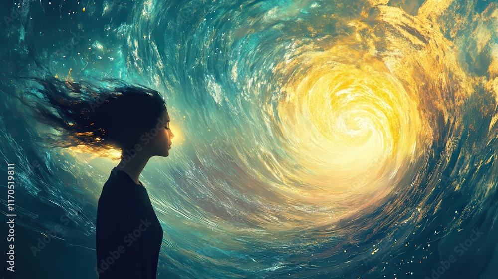 Aufkleber surreal depiction of a glowing woman contemplating a cosmic vortex at twilight