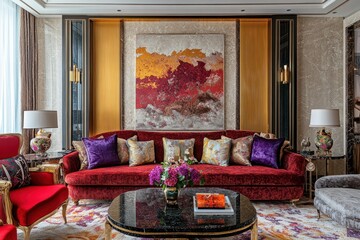 Luxurious living room with red velvet sofa, gold accents, and abstract artwork.