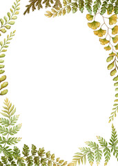 Vertical card frame template with fern leaf botanical illustration in the earth tone. Hand drawn watercolor floral border. Perfect for the use of ecological material and modern designs.