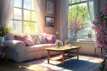 Sunlit living room with floral decor and comfy sofa.
