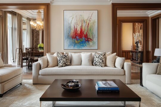 Luxurious living room with off-white sofa, coffee table, and abstract artwork.