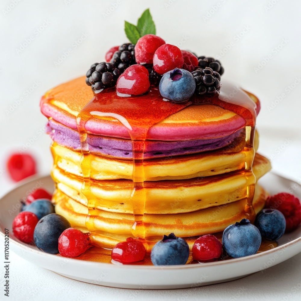 Poster Colorful pancake stack with fresh berries and syrup served in a cozy breakfast setting