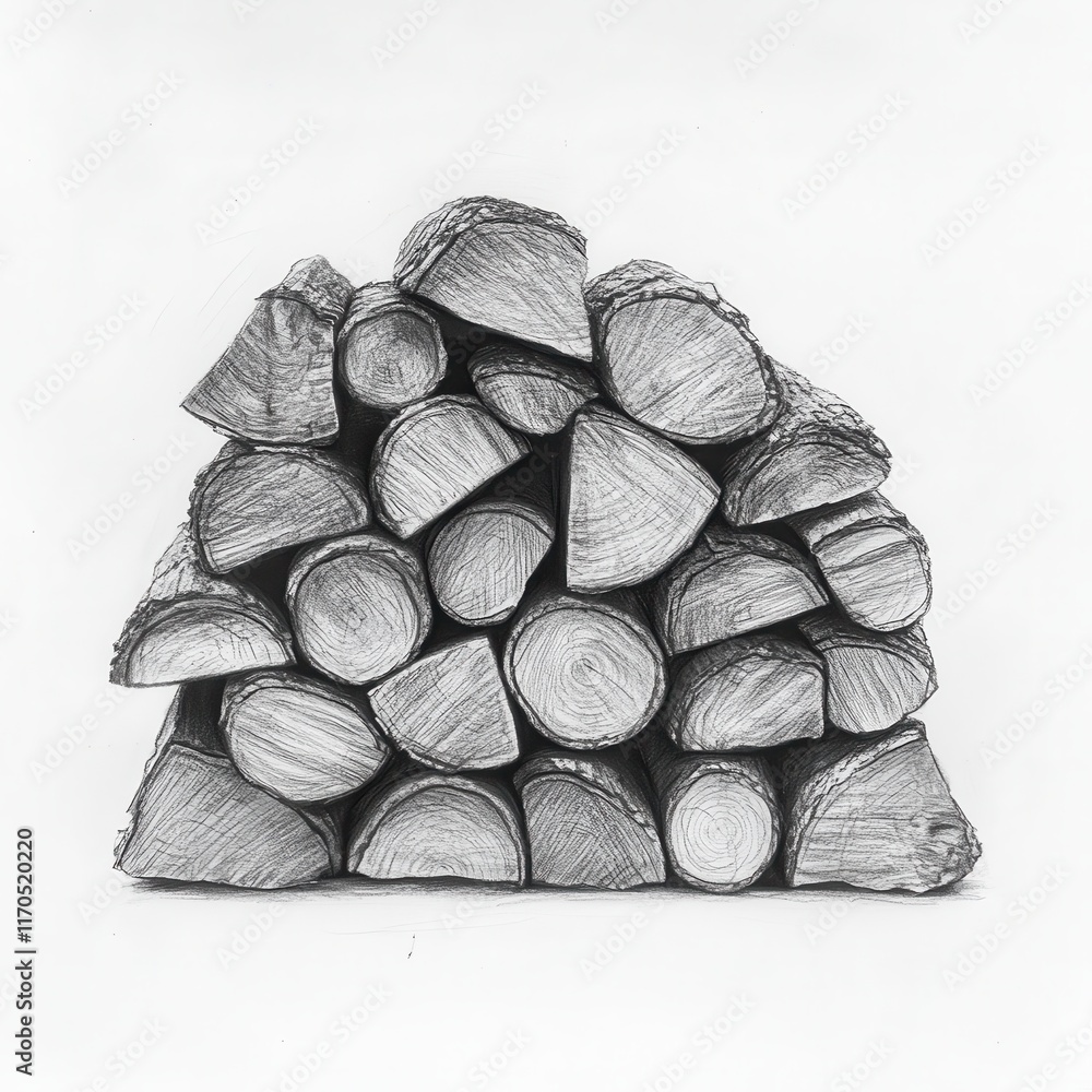Poster neatly arranged stack of firewood sketched with attention to detail on a plain background