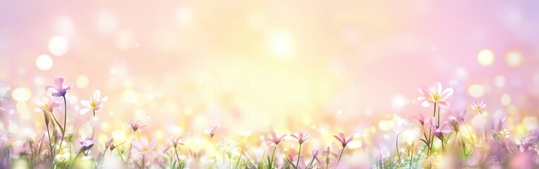 Bright flowers blooming in a springtime field surrounded by soft light and pastel colors