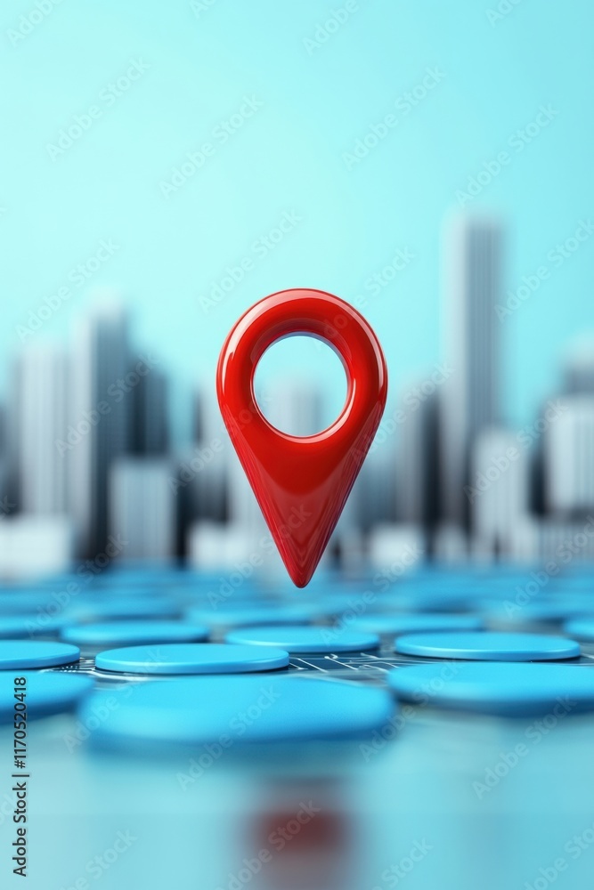 Poster a bright red location marker stands out against a blue background, symbolizing navigation and geoloc