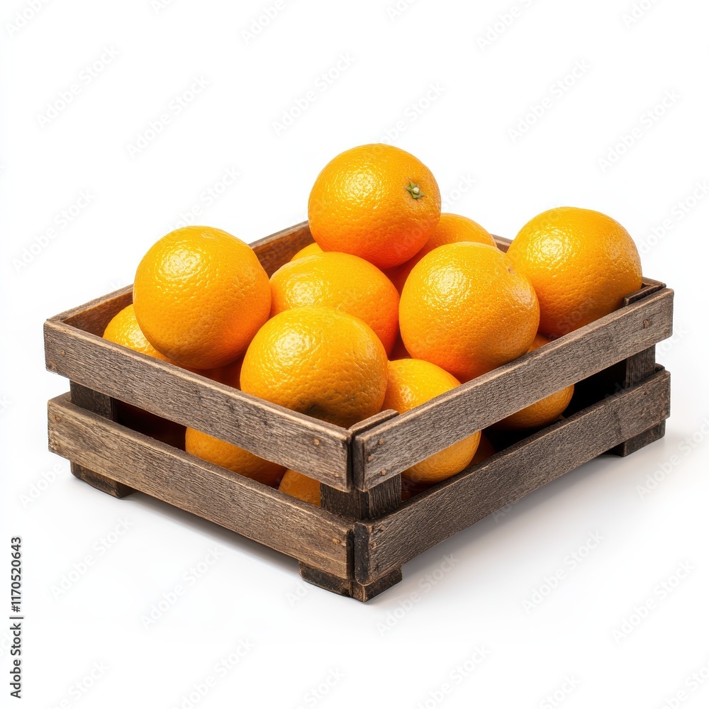 Poster Fresh oranges are arranged in a rustic wooden crate for a vibrant market display in autumn