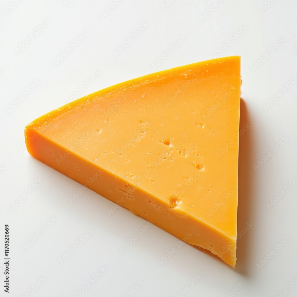Poster Delicious sharp cheddar cheese slice on a clean white surface ready for culinary use or snacking