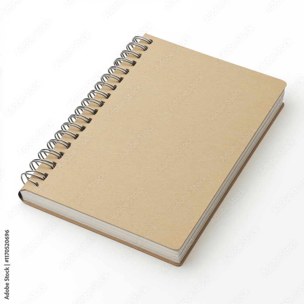 Poster spiral notebook with kraft paper cover resting on a clean white surface ready for note-taking or ske