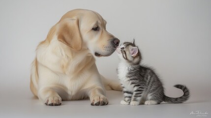 Heartwarming moment between a golden retriever and a playful kitten in a cozy setting