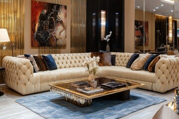 Luxurious sectional sofa in beige with tufted upholstery, decorative pillows, and a large coffee...